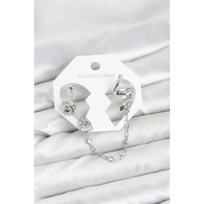 BFS Pirinç Gümüş Renk Yılan Model Zincir Bağlantılı Ear Cuff Küpe Seti