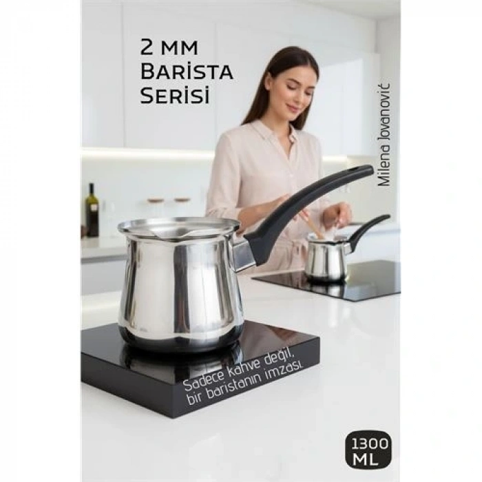 BFS Premium 304 Paslanmaz Çelik Cezve 1290 ml Profesyonel Barista Serisi, Isıya Dayanıklı Sap