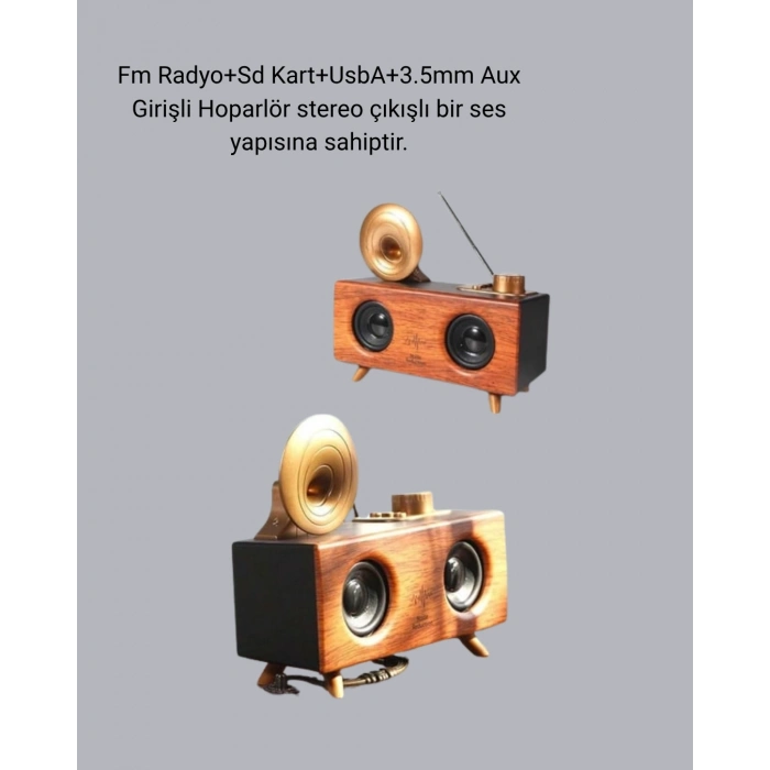 BFS Retro Gramafon Bluetooth Hoparlör Çift Stereo Sesli FM Radyo Destekli