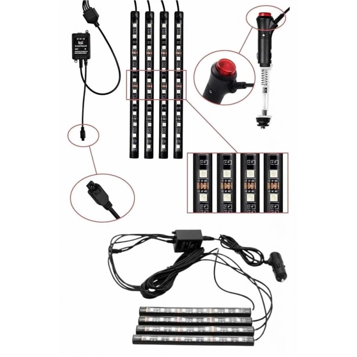 BFS RGB Işıklı Araç İçi Aydınlatma Kumandalı 12li Led Işık Renk Değiştirebilen