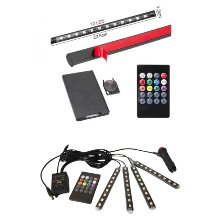 BFS RGB Işıklı Araç İçi Aydınlatma Kumandalı 12li Led Işık Renk Değiştirebilen