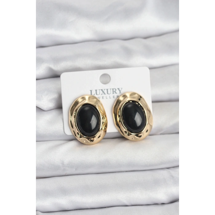 BFS Siyah Renk Oval Vintage Pirinç Kadın Küpe