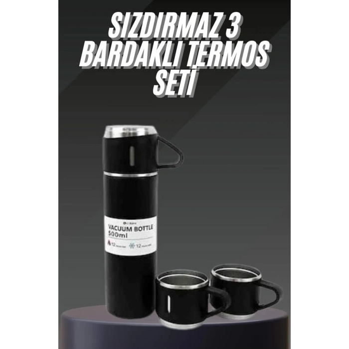 BFS Termos Seti Paslanmaz Çelik 3 Bardaklı Vakumlu Termos Set 500 Ml 12 Saate Kadar Isı Koruma