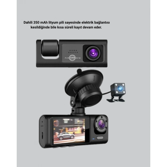 BFS Üç Kameralı Araç DVR Full HD Gece Görüşlü ve 2 inç IPS Ekranlı