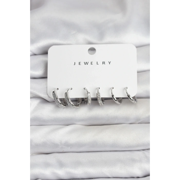 BFS Zirkon Taşlı Gümüş Renk Pirinç Kadın Küpe Seti