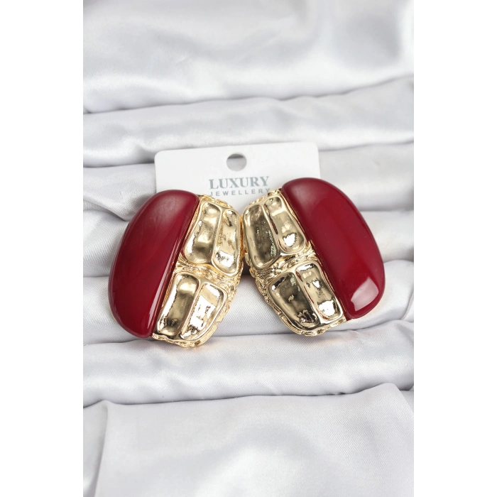 Bordo Renk Pirinç Vintage Kadın Küpe