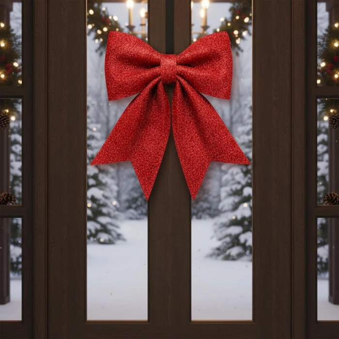 Büyük ve Kaliteli Kırmızı Simli Eva Fiyonk Dekor Yılbaşı Çam Ağacı Duvar Süsü 60 X 65cm