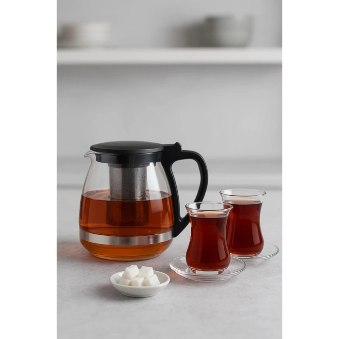 Cam Demlik 700 ml Siyah Kapaklı