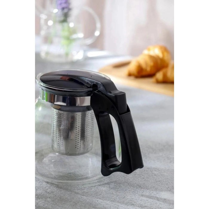 Cam Demlik 900 ml Borosilikat Çaydanlık Siyah Kapaklı