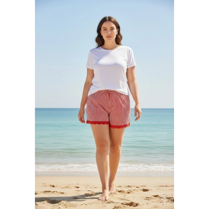 Çizgili Penye Kadın Ev Şortu Bacak Dantel Detaylı Ev Giyim Kırmızı
