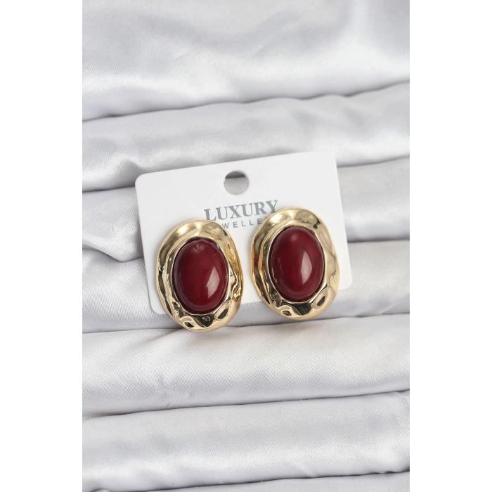 Bordo Renk Oval Vintage Pirinç Kadın Küpe