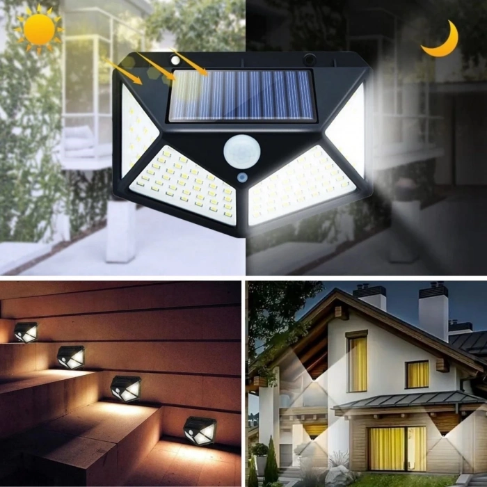 ÇOK SATAN 100 Ledli 3 Farklı Aydınlatma Ayarlı Solar Güneş Enerjili Hareket Sensörlü Bahçe Duvar Lambası