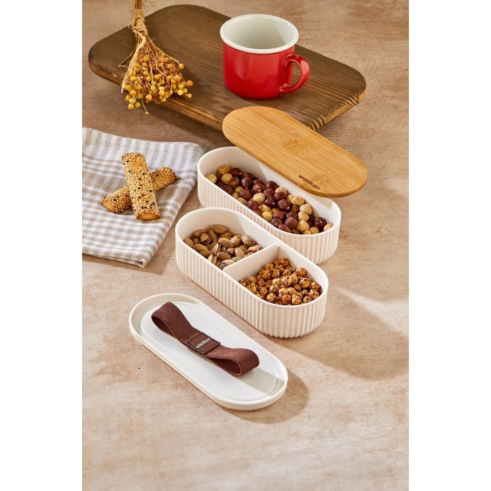 ÇOK SATAN 1000ml Ahşap Kapaklı Lunch Box 2li Set Diyet Beslenme Kutusu Bambu Saklama Kabı