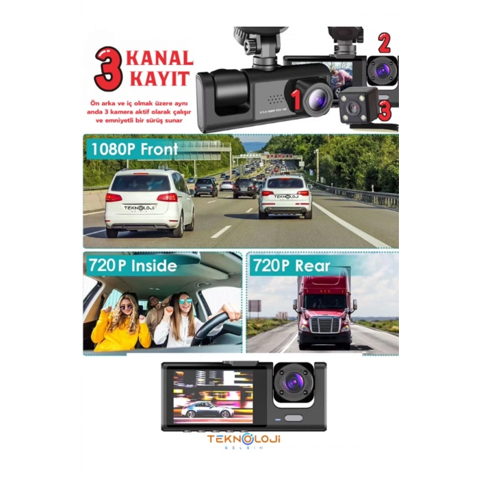 ÇOK SATAN 1080P Dash Cam Full Hd Araç içi Kamera Ön Arka ve İç Kayıt 3 Kamera Gece Görüşlü G Sensör Geniş Açı