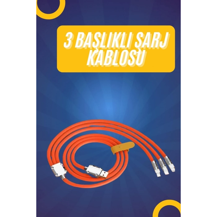ÇOK SATAN 120W Silikon Metal Uçlu LED Işıklı 3 In1 Şarj Kablosu 1.2m