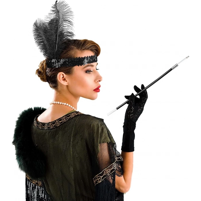 ÇOK SATAN 1920&#39;ler Gatsby Aksesuar Seti – Siyah Charleston Saç Bandı & Sigaralık
