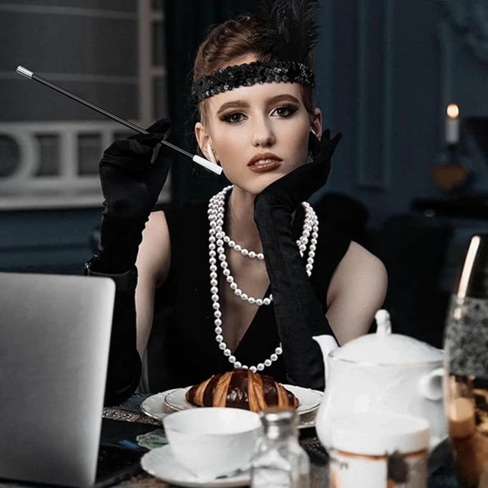 ÇOK SATAN 192039ler Gatsby Aksesuar Seti – Siyah Charleston Saç Bandı, Uzun Eldiven  Lık