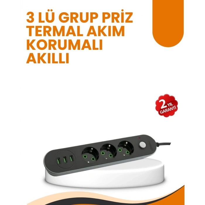 ÇOK SATAN 2 Metre Kablolu 3 USB Portlu Anahtarlı Üçlü Priz