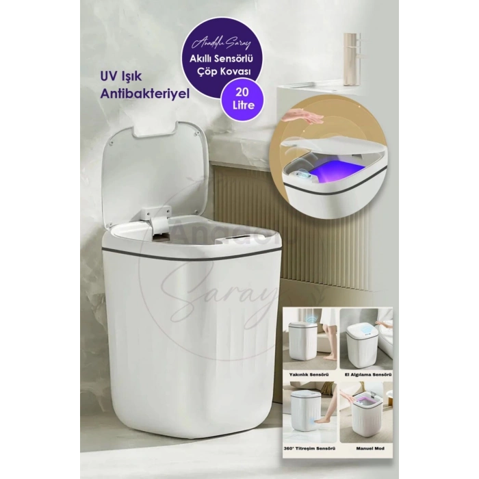 ÇOK SATAN 20L UV Işık Antibakteriyel Akıllı Koku Geçirmez Teknolojik Sensörlü Çöp Kovası Ofis Banyo Mutfak