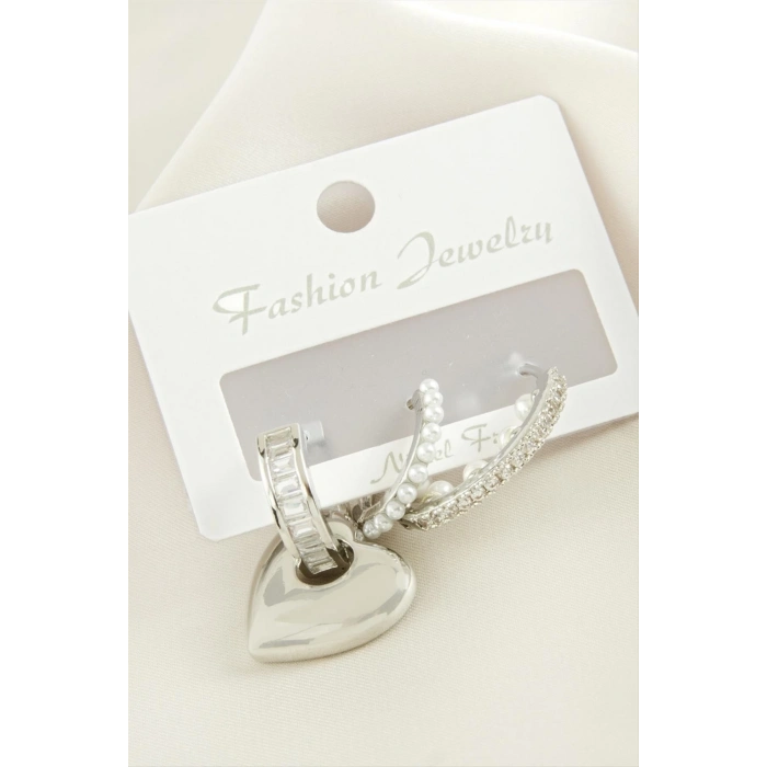 ÇOK SATAN 3 Adet Kalp İnci Zirkon Taşlı Küpe