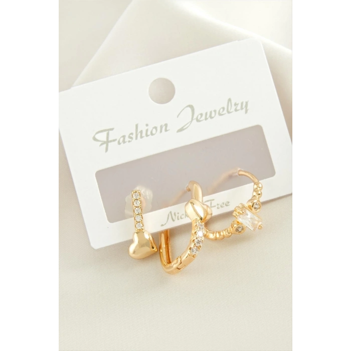 ÇOK SATAN 3 Adet Kalp Zirkon Taşlı Küpe