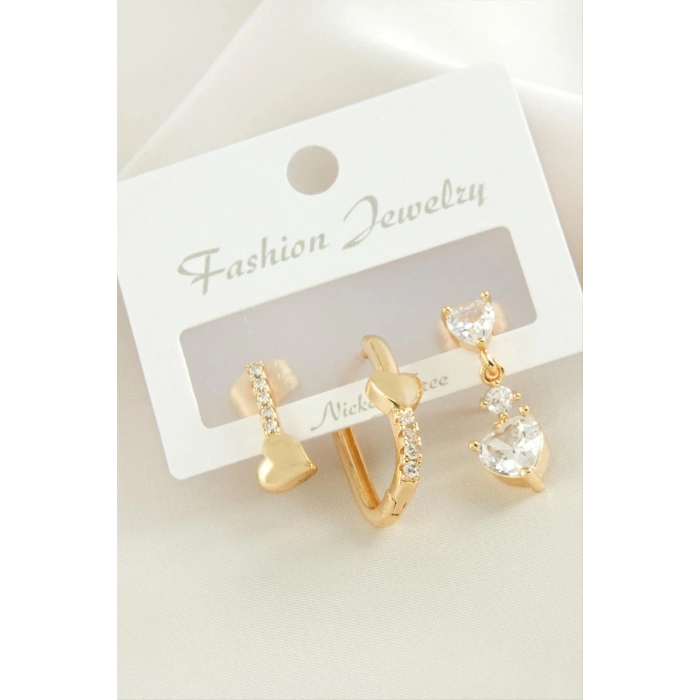 ÇOK SATAN 3 Adet Kalp Zirkon Taşlı Küpe