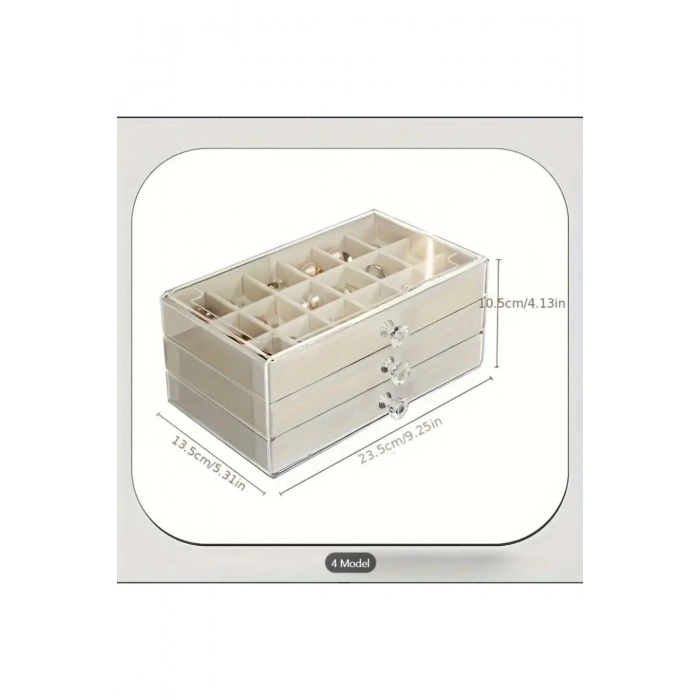 ÇOK SATAN 3 Çekmeceli Bölmeli Şeffaf Kadife Mücevher Takı Kutusu Küpe Yüzük Kolye Düzenleyici Organizer