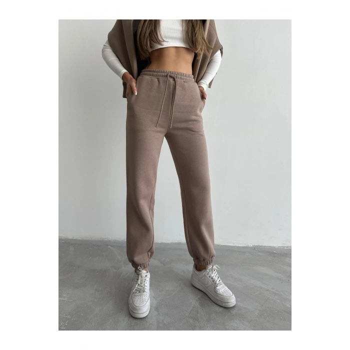 ÇOK SATAN 3 iplik şardonlu paça lastikli eşofman vizon is001