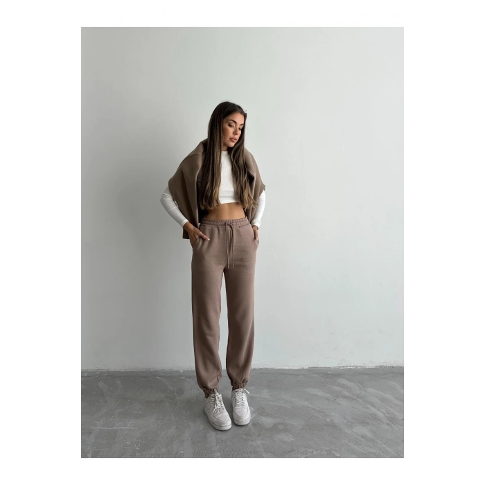 ÇOK SATAN 3 iplik şardonlu paça lastikli eşofman vizon is001