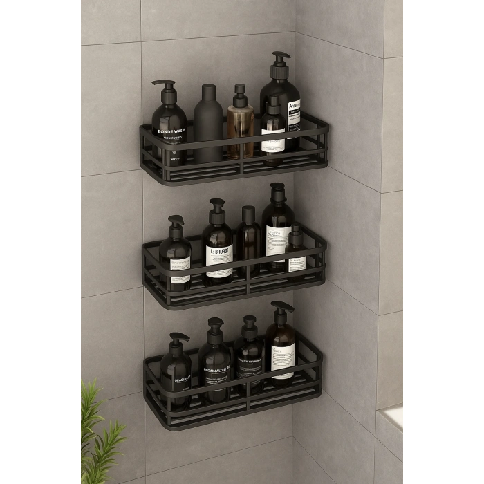 ÇOK SATAN 3 lü Banyo Düzenleyici Organizer Şampuanlık Havlupan Askısı Havluluk Siyah Banyo Duş Mutfak Rafı