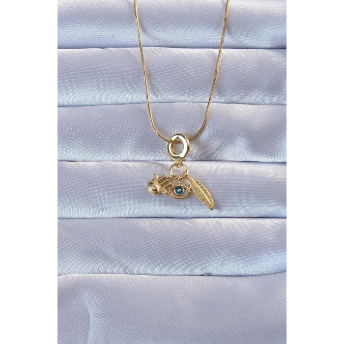 ÇOK SATAN 316L Altın Renk Zirkon Taşlı Fatma Ana Eli Yapraklı Kolye