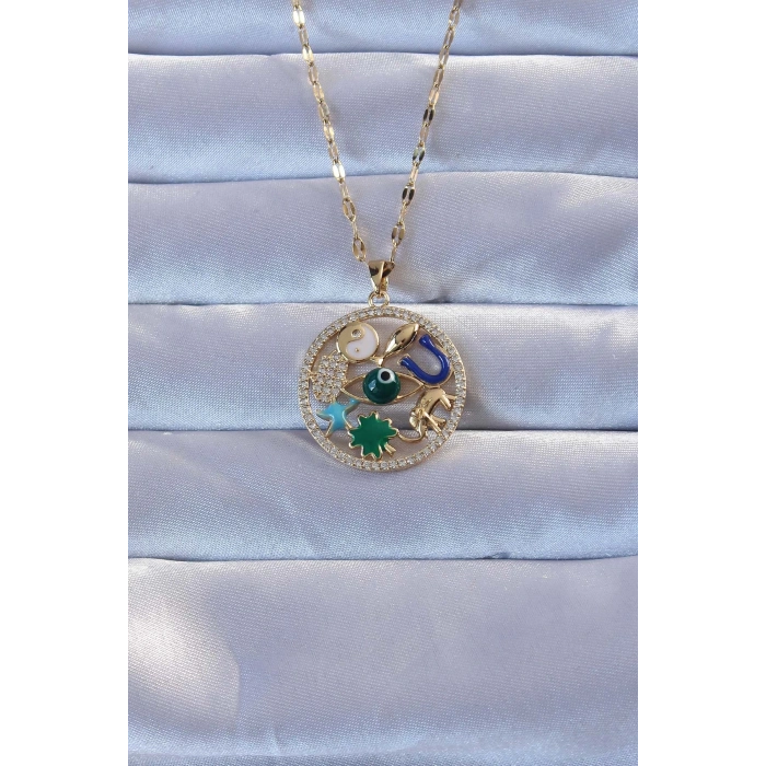 ÇOK SATAN 316L Altın Renk Zirkon Taşlı Şans Kolye