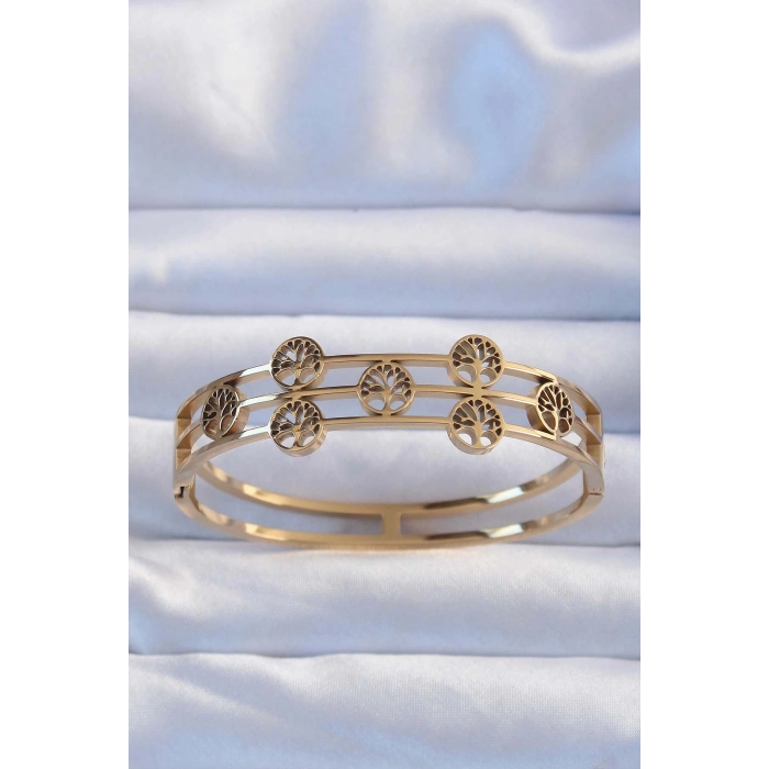 ÇOK SATAN 316L Çelik Altın Renk Minimal Yaşam Ağacı Tasarımlı Kelepçe