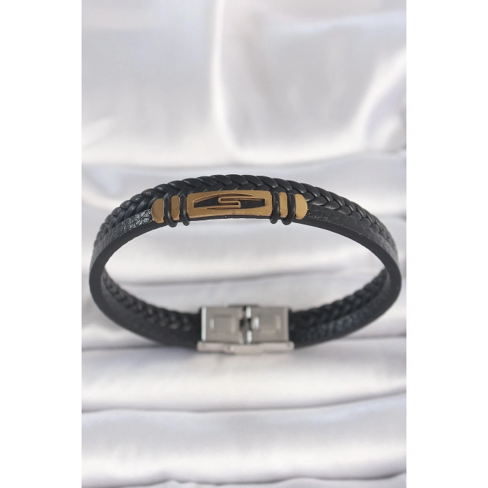 ÇOK SATAN 316L Çelik Gold Renk Aksesuarlı Çift Sıra Siyah Burgu Desenli Deri Kordon Erkek Bileklik