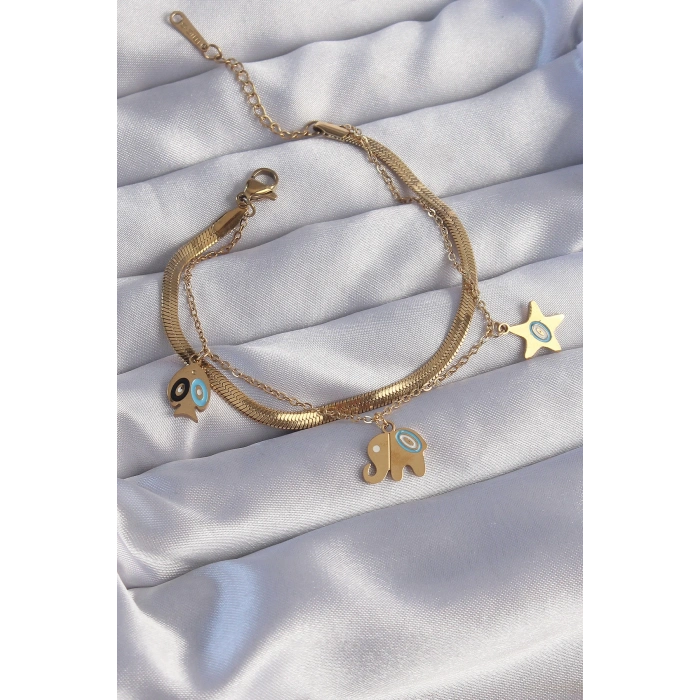 ÇOK SATAN 316L Çelik Gold Renk Çift Zincir Çoklu Aksesuarlı Bileklik