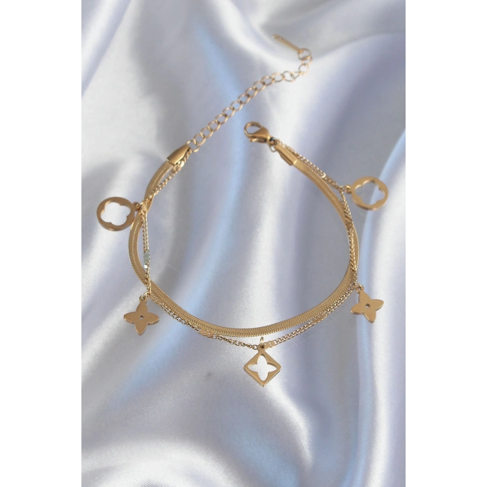 ÇOK SATAN 316L Çelik Gold Renk Çift Zincir Yonca Tasarım Bileklik