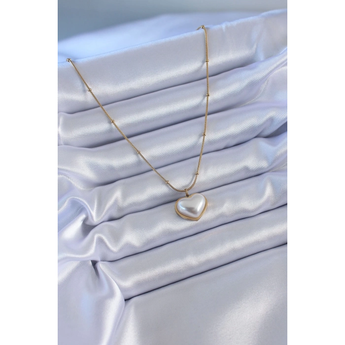 ÇOK SATAN 316L Çelik Gold Renk İncili Kalp Model Minimal Top Detay Kadın Kolye