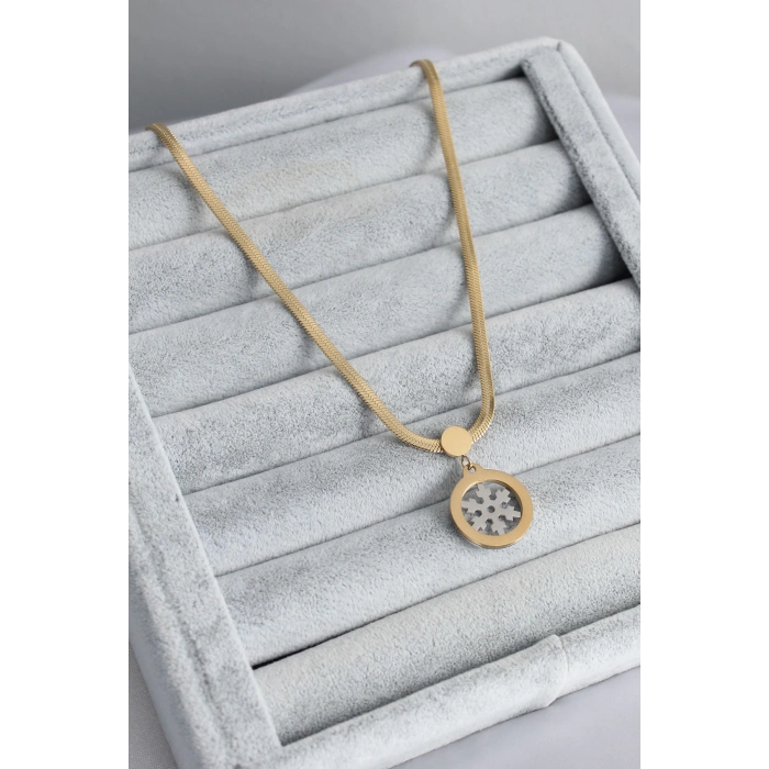 ÇOK SATAN 316L Çelik Gold Renk İtalyan Zincir Model Gümüş Kar Tanesi Figür Kadın Kolye