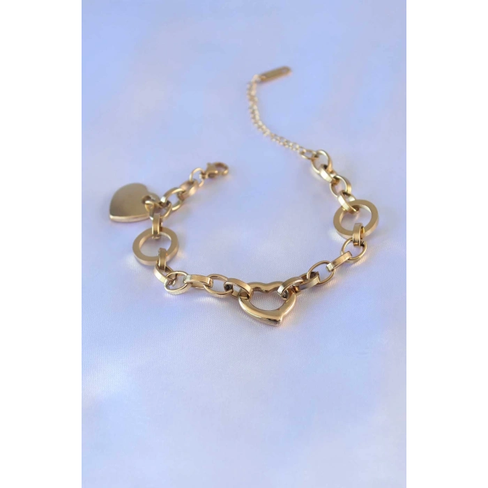 ÇOK SATAN 316L Çelik Gold Renk Kalp Figür Zincir Model Kadın Bileklik