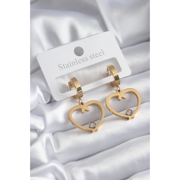 ÇOK SATAN 316L Çelik Gold Renk Kalp Model Zirkon Taş Detay Kadın Küpe
