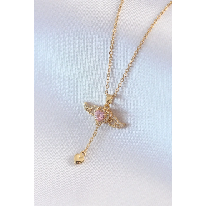 ÇOK SATAN 316L Çelik Gold Renk Kanatlı Kalp Model Zirkon Taş Detay Kadın Kolye