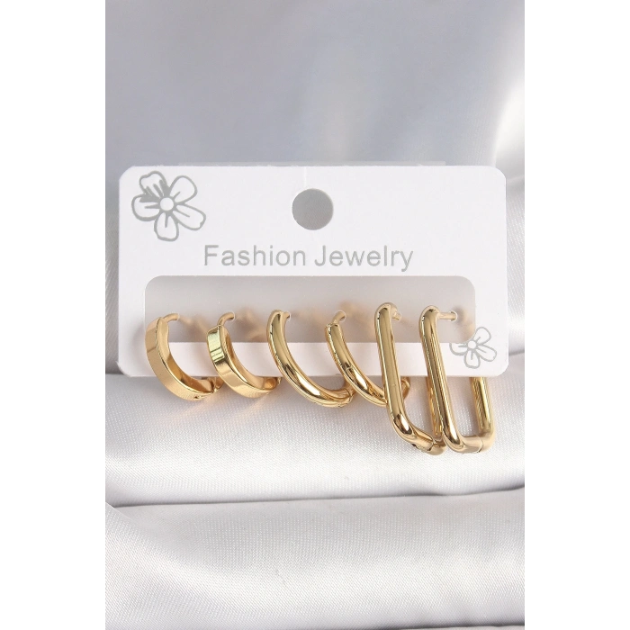 ÇOK SATAN 316L Çelik Gold Renk Kare Halka Model Kadın Küpe Seti