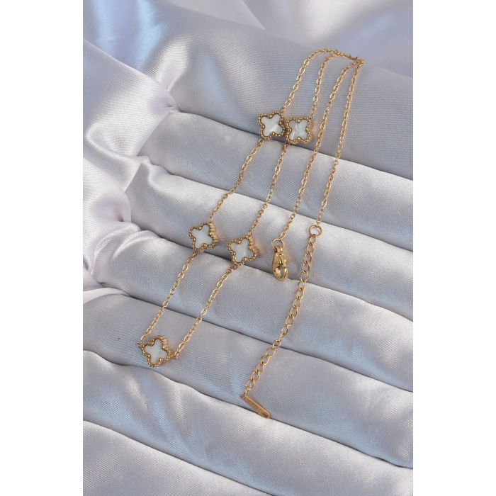 316L Çelik Gold Renk Minimal Beyaz Sedefli Yonca Kolye