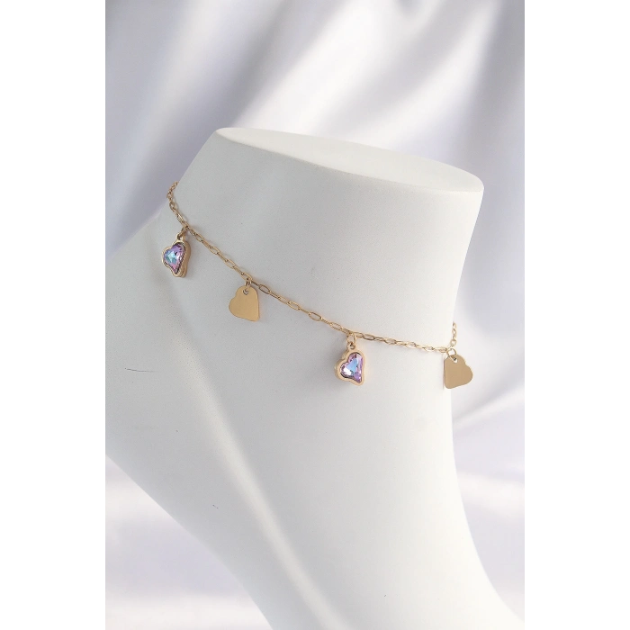 ÇOK SATAN 316L Çelik Gold Renk Minimal Renkli Zirkon Taşlı Kalp Halhal