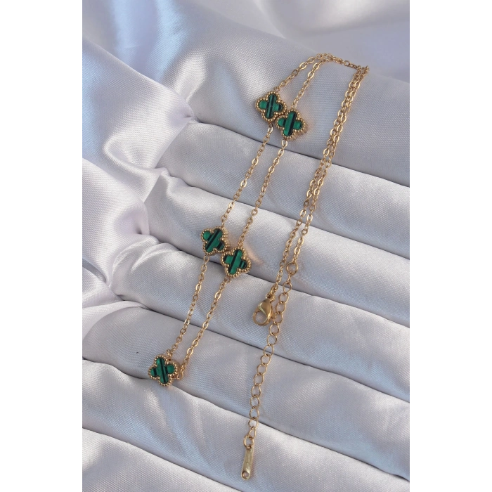 ÇOK SATAN 316L Çelik Gold Renk Minimal Yeşil Mineli Yonca Kolye