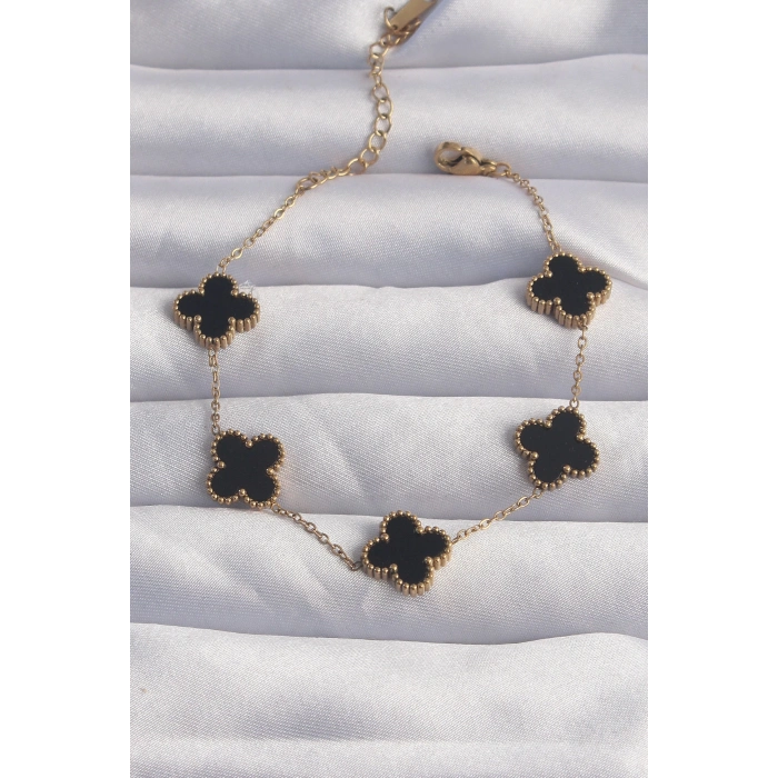 ÇOK SATAN 316L Çelik Gold Renk Siyah Mineli Yonca Bileklik