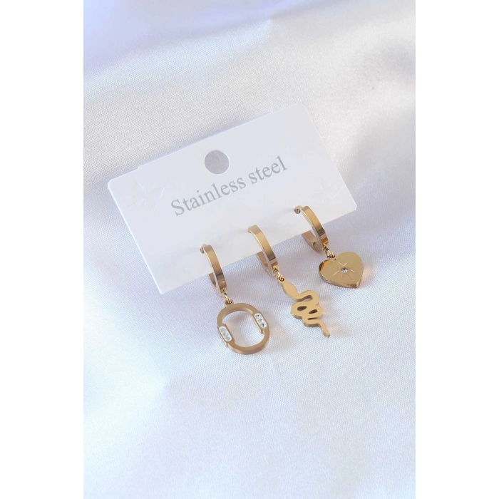 ÇOK SATAN 316L Çelik Gold Renk Yılan Model Kalp Detay Zirkon Taşlı Kadın Küpe