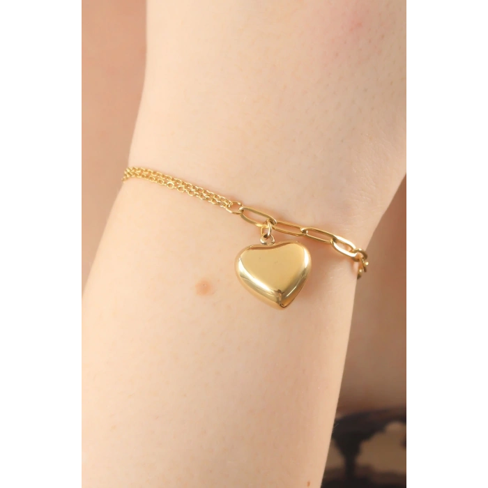 ÇOK SATAN 316L Çelik Gold Renk Zincir Model Kalp Figür Kadın Bileklik