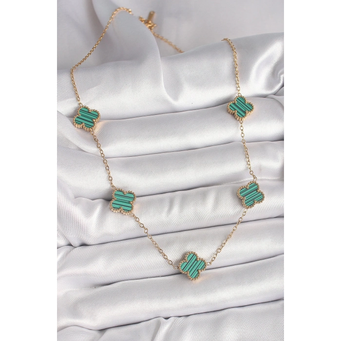 316L Çelik Gold Renk Zincir Yeşil Yonca Model Kadın Kolye