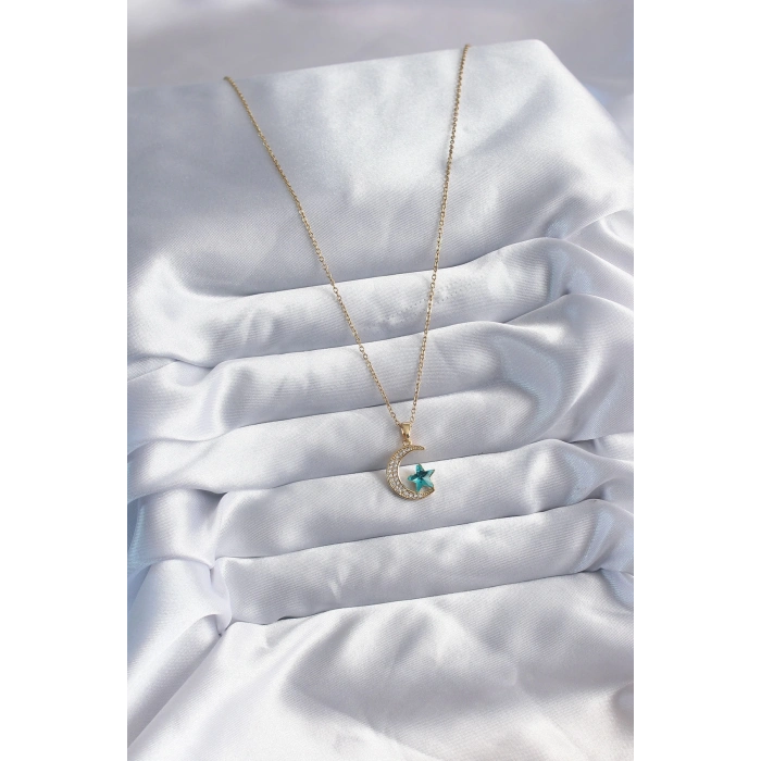 ÇOK SATAN 316L Çelik Gold Renk Zincir Zirkon Taş Detay Hilal Yıldızı Figür Kadın Kolye